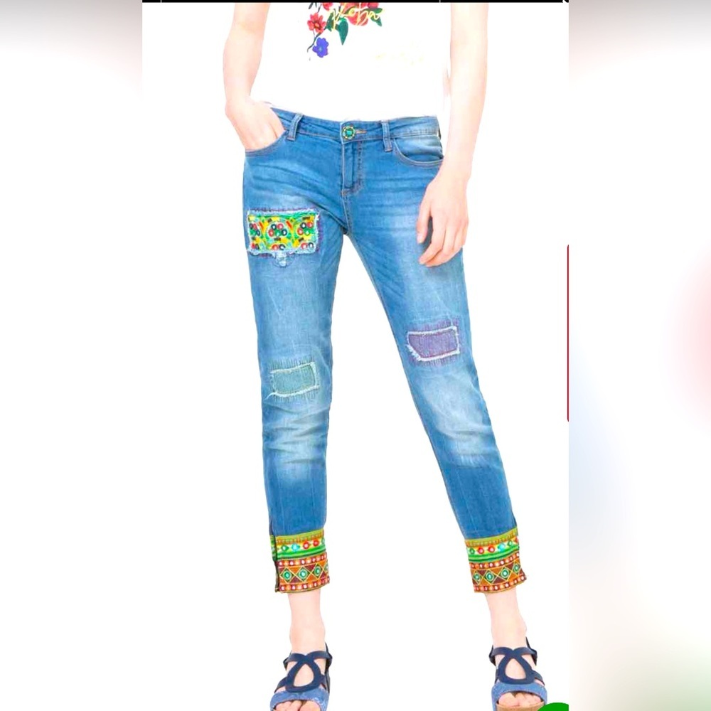 Desigual Blue Jeans with Colorful Embroidered Patches and Cuffs